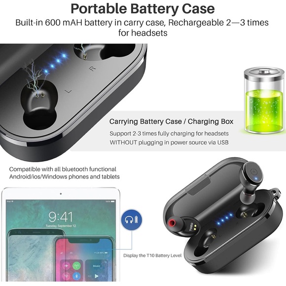 Open Box TOZO T10 Wireless Earbuds with Wireless Charging Case, Waterproof Black - Picture 5 of 5